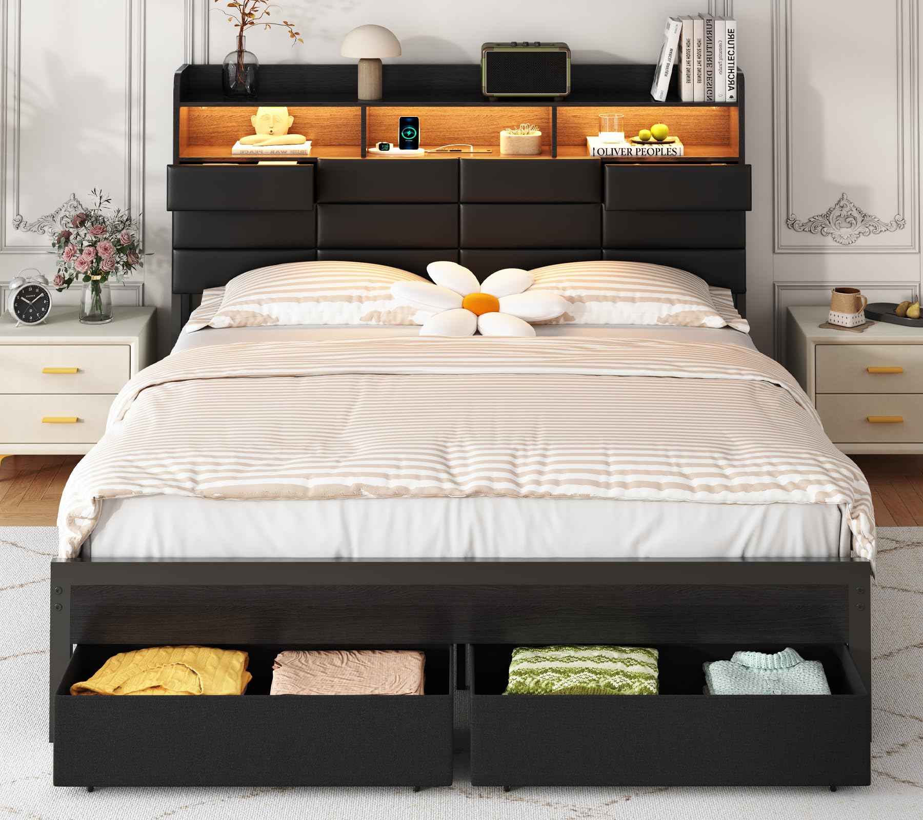 King Size Bed Frame With Storage Drawers - 수납 서랍과 충전 스테이션이 있는 킹사이즈