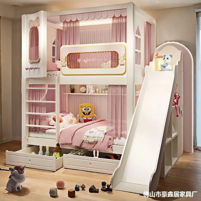 Bunk Bed With Stairs And Slide - 견고한 이층 가드레일형 침대, 여자아이 공주풍