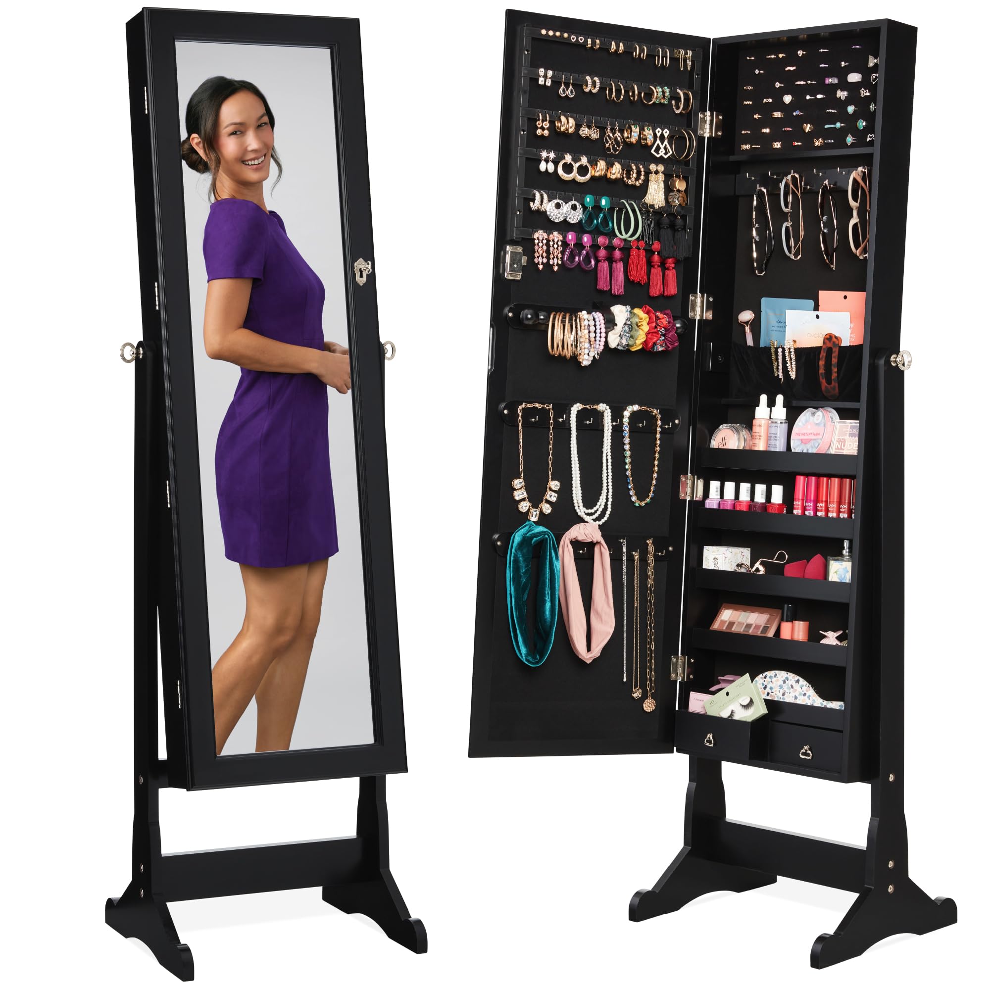 Full Length Mirror Jewelry Armoire - 자립형 주얼리 보관장, 전신 거울, 잠금장치가