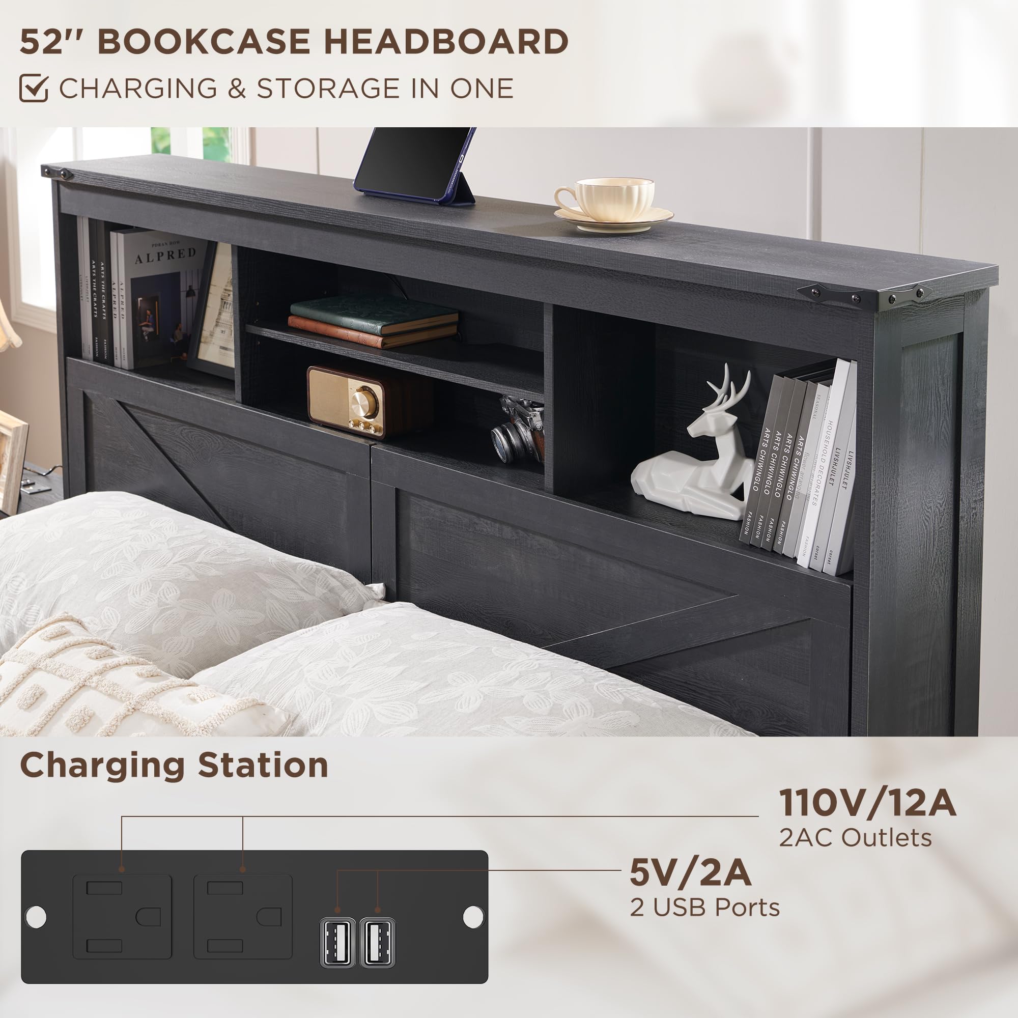 52인치 높이의 수납형 책장과 4개의 서랍이 있는 농가 - King Size Bed Frame With Storage Drawers 리뷰 및 가격