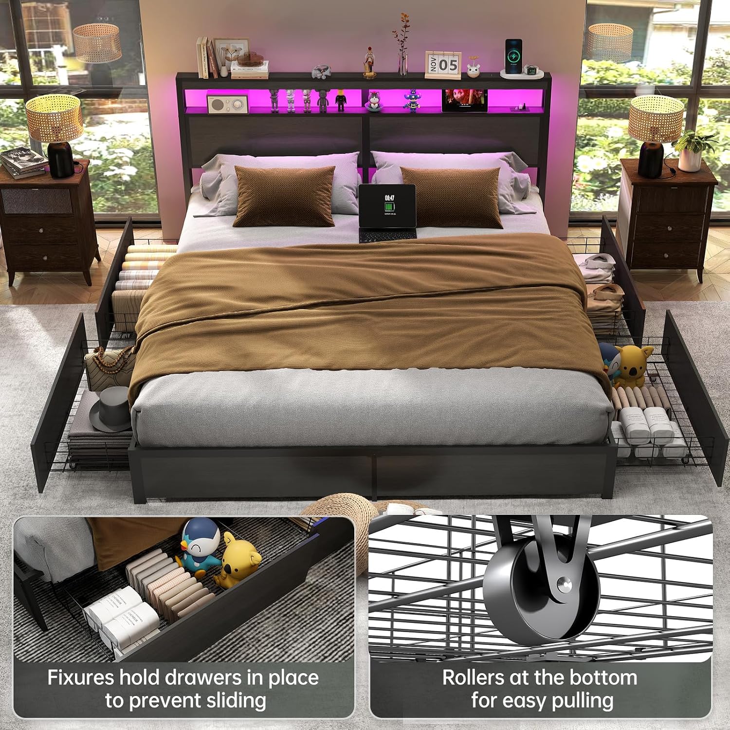 킹사이즈 침대 프레임, LED 조명 헤드보드 및 4개의 - King Size Bed Frame With Storage Drawers 리뷰 및 가격