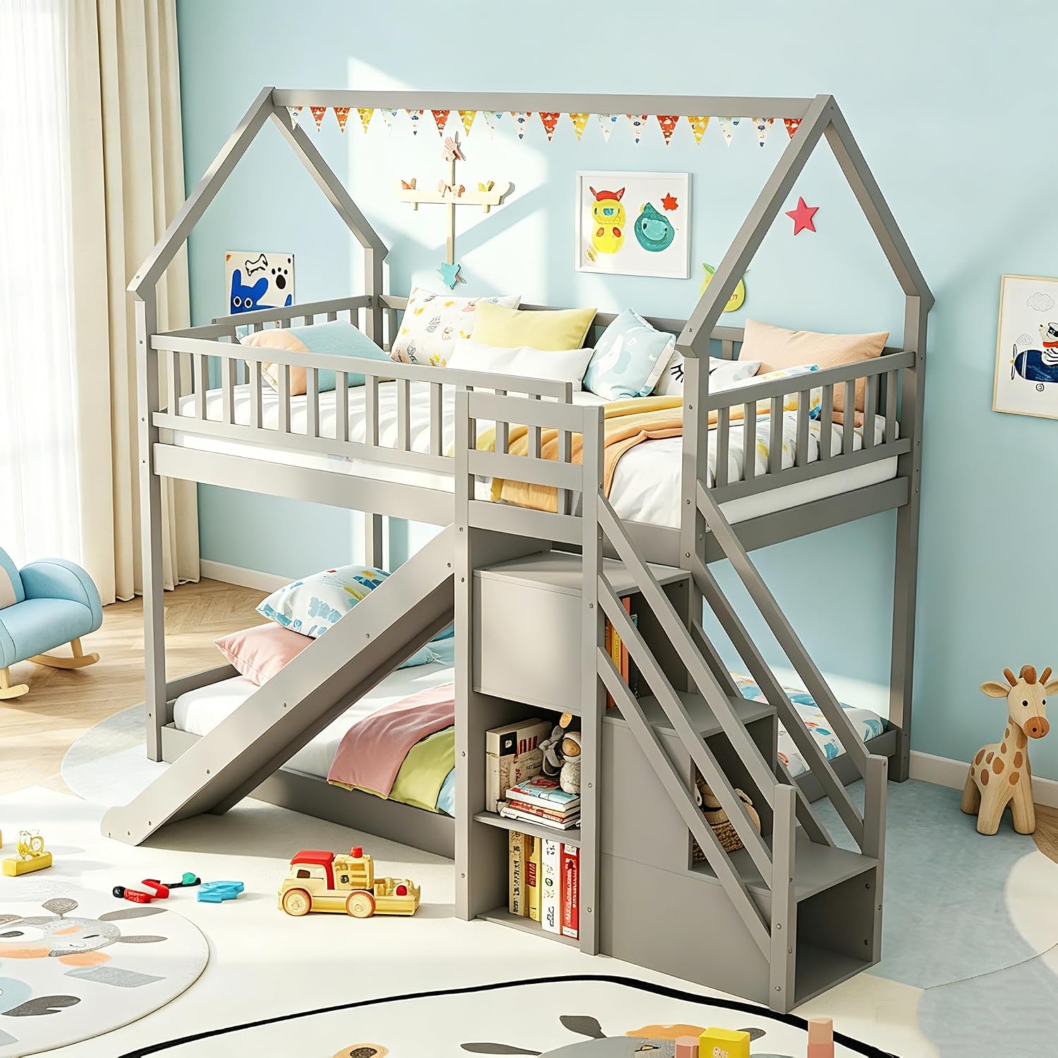 트윈 오버 트윈 이층 침대, 슬라이드 계단 및 수납 선 - Bunk Bed With Stairs And Slide 리뷰 및 가격